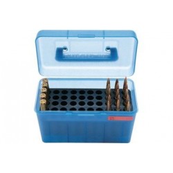 Boîte MTM 50 cartouches avec poignée de calibre 264W à 458WM bleue