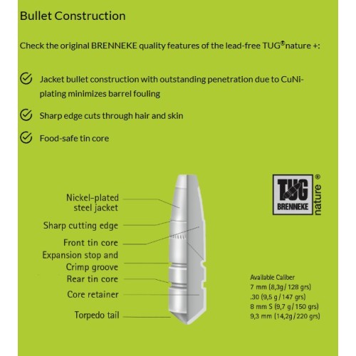 Brenneke .30-06 Spr. 9.5g/147gr TUG® nature+ Cartridges  Precision and Eco-Friendly Power for Big Game Hunting
