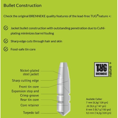 Cartouches Brenneke Cal. .300 Win. Mag. 9,5g/147grs TUG nature+ - Munitions Sans Plomb de Haute Précision pour Grand Gibier