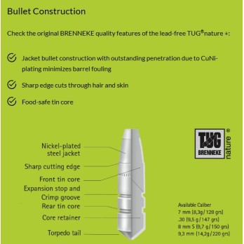 Cartuchos Brenneke Cal. .300 Win. Mag. 9,5g/147grs TUG nature+ - Munición Sin Plomo de Alta Precisión para Caza Mayor
