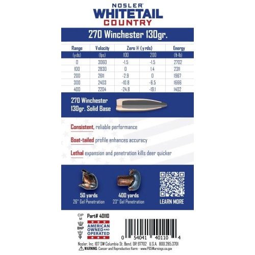 Munitions Nosler .270 Win 130gr Whitetail Country Solid Base  Boîte de 20 cartouches