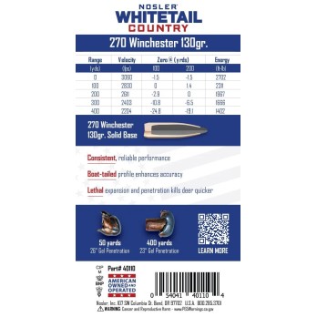 Nosler .270 Win 130gr Whitetail Country Solid Base Ammo | 20 Rounds