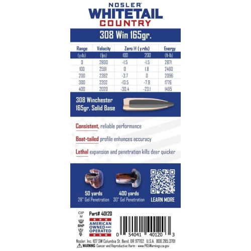 Nosler Whitetail Country Ammunition  Precision Deer Hunting Ammo with Solid Base® Bullet for Deep Penetration and Superior Acc