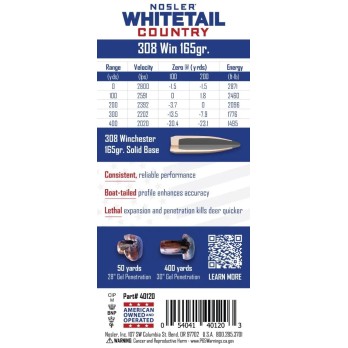 Munitions Nosler Whitetail Country  Balles Solid Base® pour Chasse au Cerf avec Précision, Pénétration Profonde et Précision M